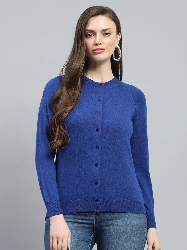 Luxury Fashion Women Blue Solid Round Neck Full Sleeve Cardigan