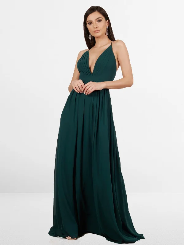 Limited - Edition Drops 2025 Emerald Deep V Cross Back Maxi Dress,Sleeveless Thin Straps Guest Gown