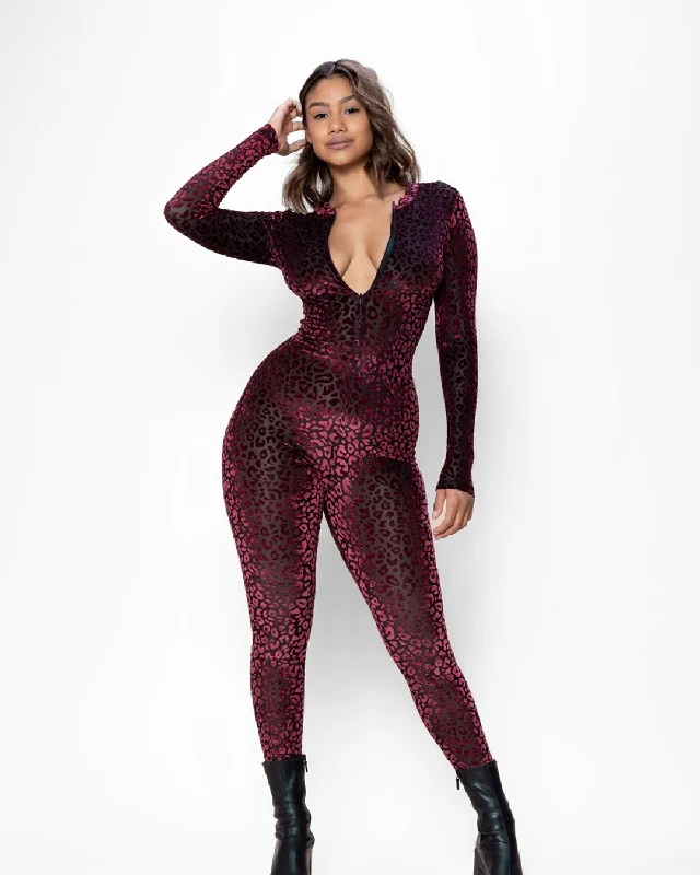 Trendy Street Style Attire Women's Red Full Bodysuit | Ruby Leopard