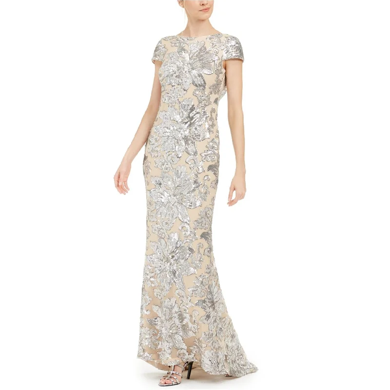 Day To Night Styles Calvin Klein Womens Sequin Gown Dress, Beige, 6