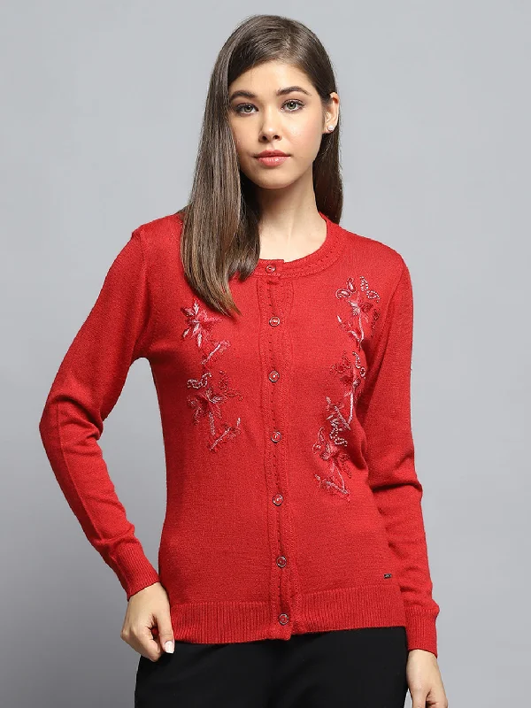 Women's Fashion Hotspots Women Red Self Design Round Neck Full Sleeve Cardigan