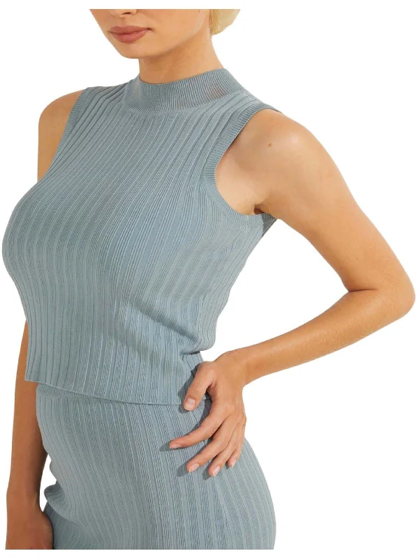 Casual Wear Womens Ribbed Knit Sleeveless Mock Turtleneck Sweater