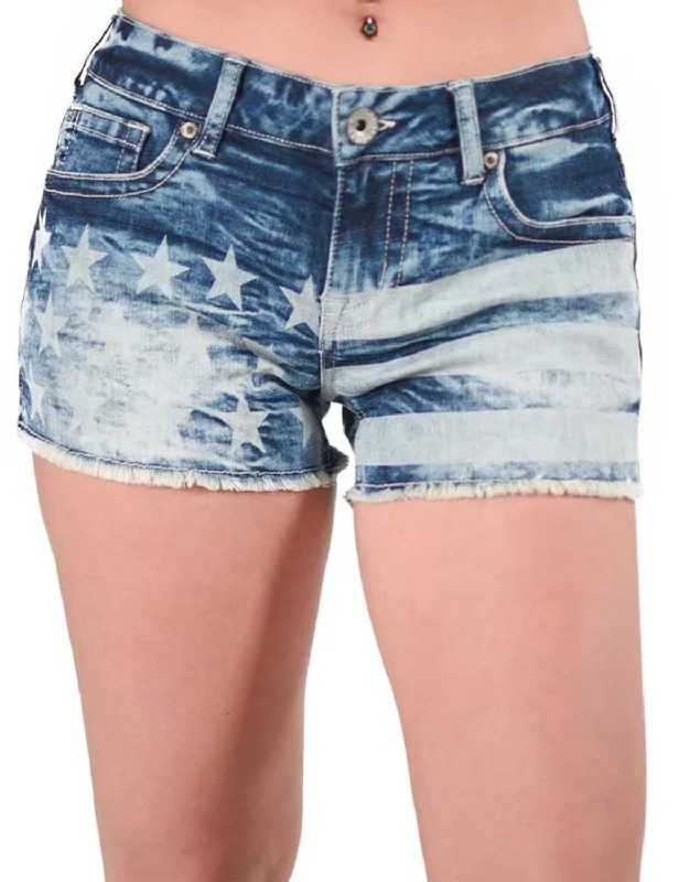 Style Versatile Women's Collection Cowgirl Tuff Womens Stars and Stripes Medium Wash Cotton Blend Casual Shorts