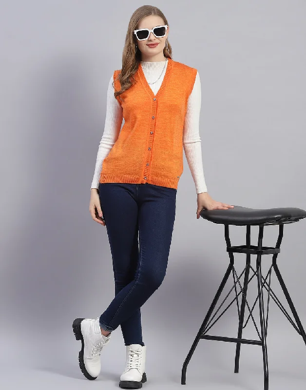 Seasonal Trends Women Orange Solid V Neck Sleeveless Cardigan