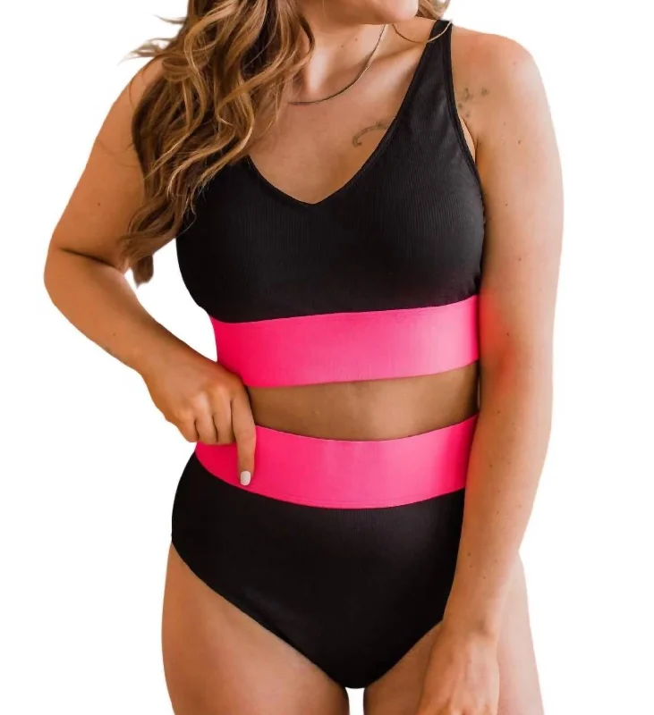 Seasonal Trends Kissed By The Sun Bikini Swim Top In Black & Neon Pink