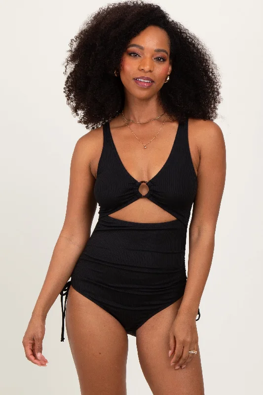 Hot Styles Black Ribbed O-Ring Cutout Tie Side Swimsuit