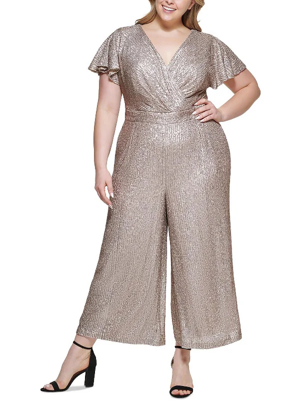 Laid-Back Elegance Plus Womens Sequined Wide-Leg Jumpsuit