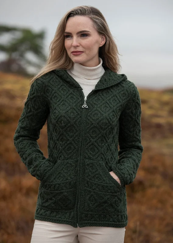 Chic And Trendy Skellig Aran Zip Cardigan With Hood | Green