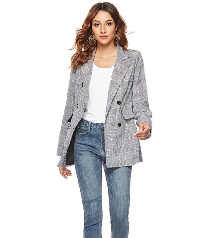 Chic Trends Unveiled Womens Double Breasted Grey Checkered Blazer