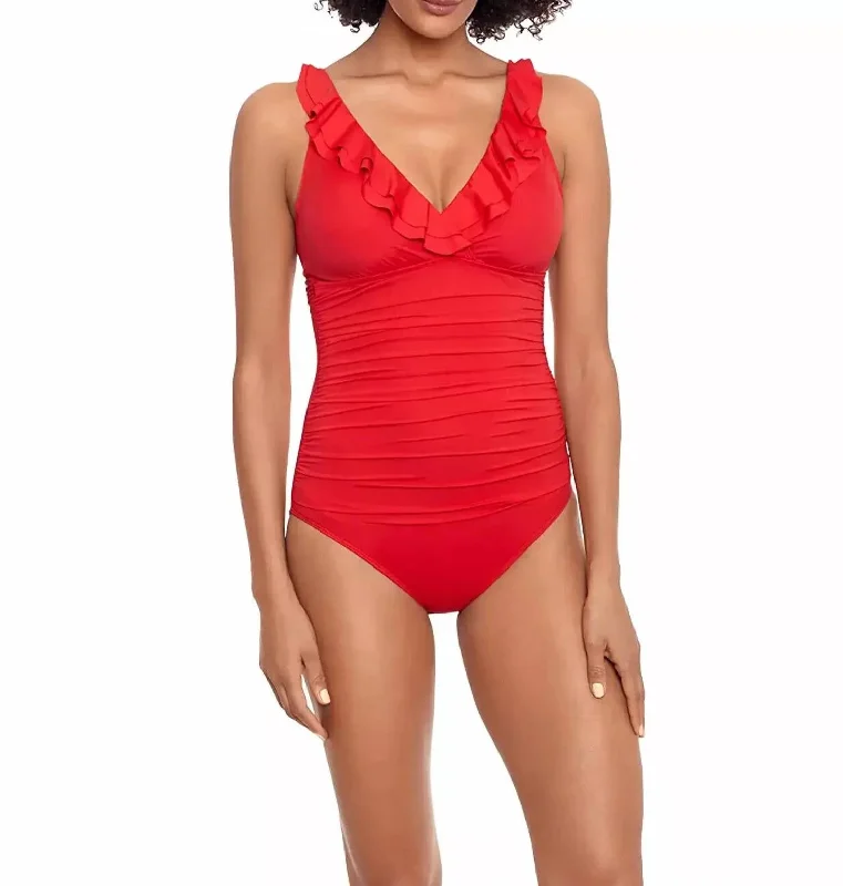 Chic Trends Unveiled Beach Club Solid Ruffle One-Piece Bikini In Red