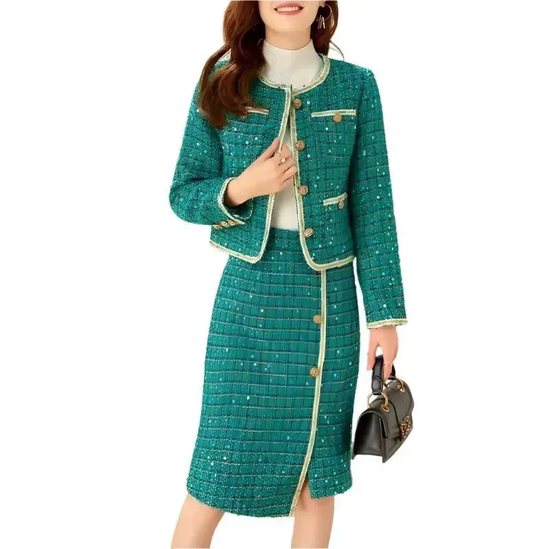 Chic Style Checked Sequined Tweed Skirt Suit