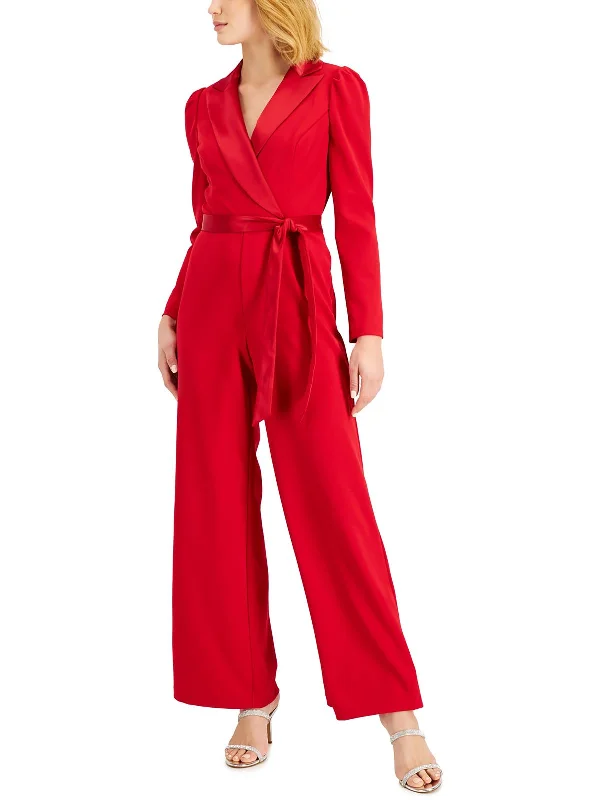 Versatile Wardrobe Essentials Womens Notched-Collar Belted Jumpsuit