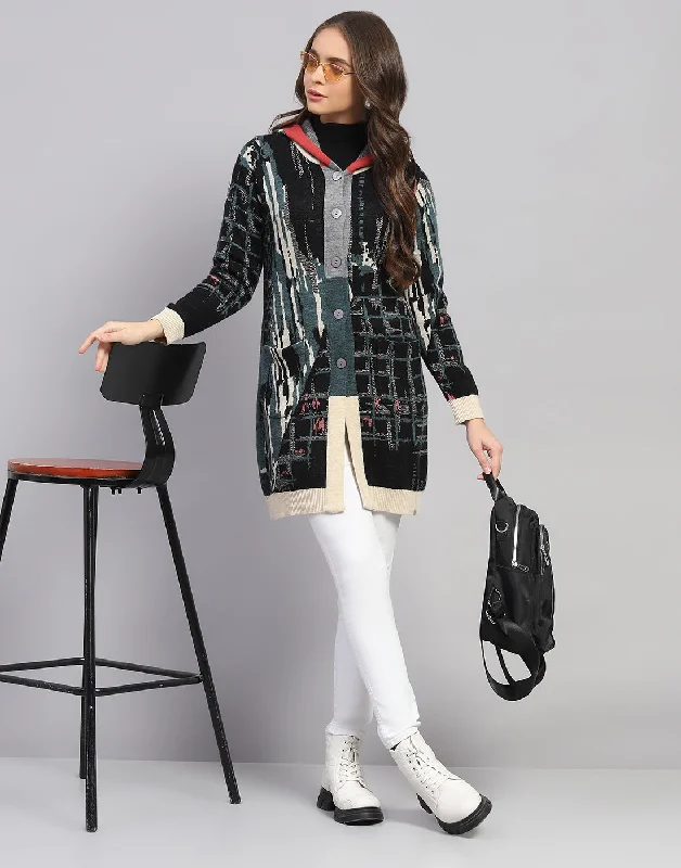 Luxe Layering Women Multicolor Self Design Hooded Full Sleeve Cardigan