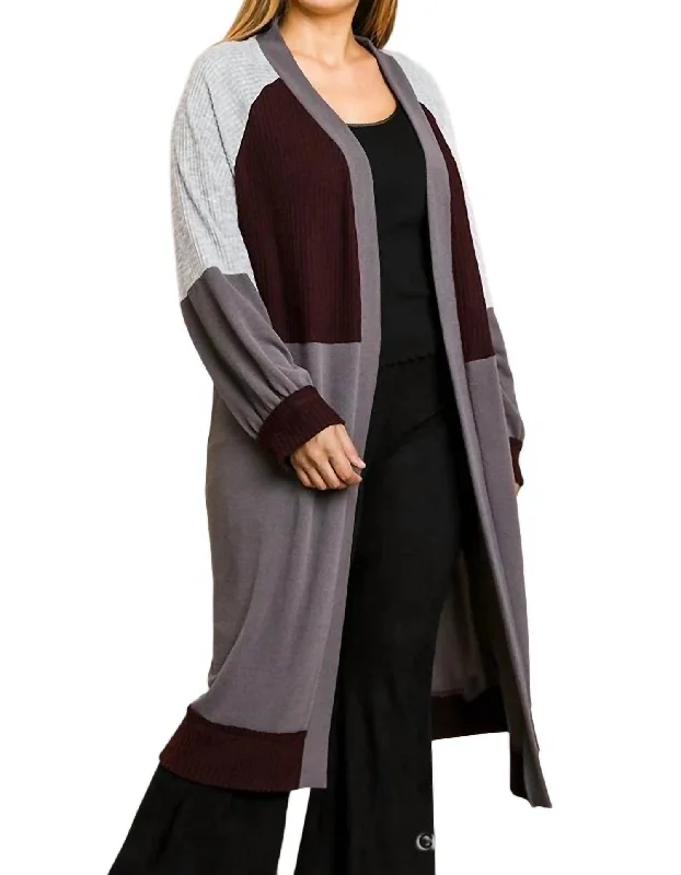 Unleash Your Trend Driven Style Color Block Ribbed Sweater Cardigan In Charcoal/wine