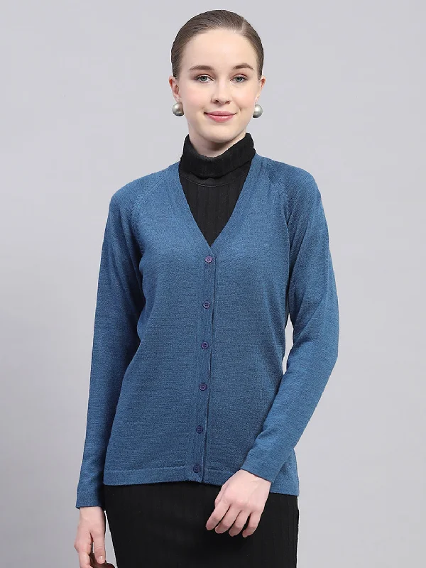 Your Timeless Wardrobe Awaits Women Blue Solid V Neck Full Sleeve Cardigan