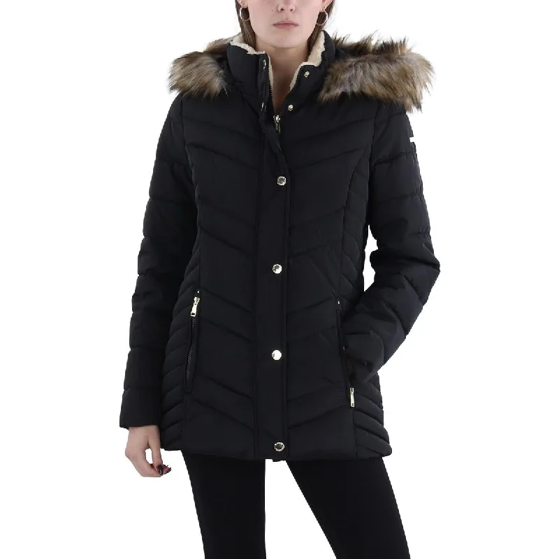 Holiday Glam Womens Faux Fur Trim Hooded Puffer Jacket