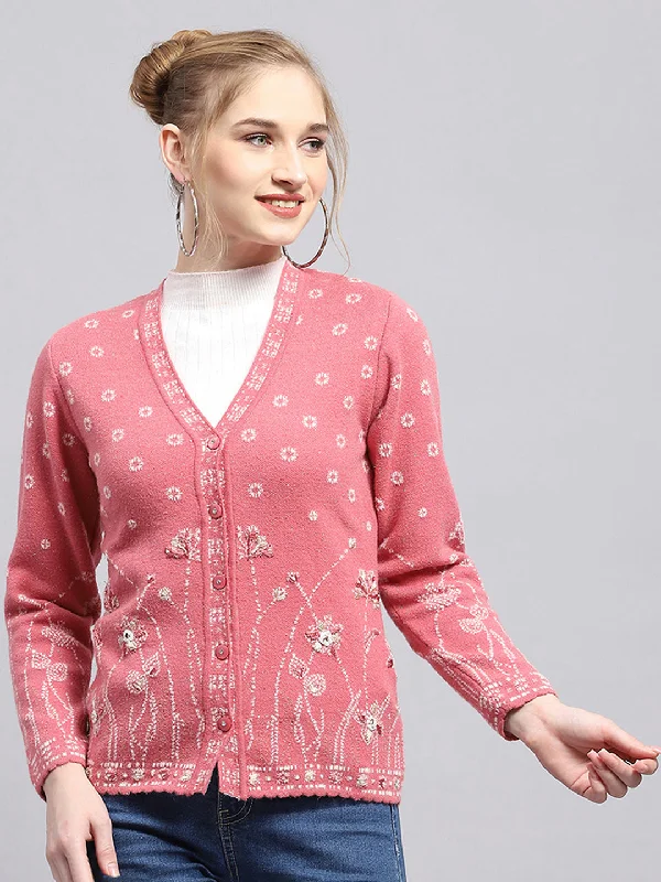 High End Women's Wear Women Pink Self Design V Neck Full Sleeve Cardigan