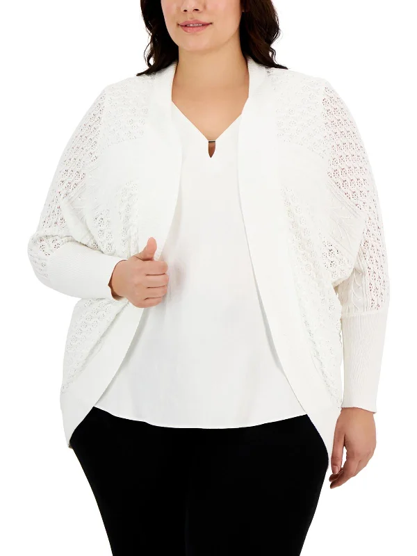 Chic Allure Plus Womens Ribbed Trim  Knit Cardigan Sweater