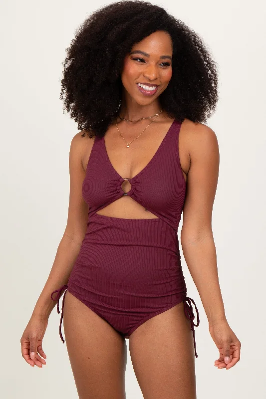 Style Upgrade Plum Ribbed O-Ring Cutout Tie Side Swimsuit