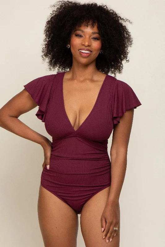 Charming Silhouette Plum Deep V-Neck Flounce One Piece Swimsuit