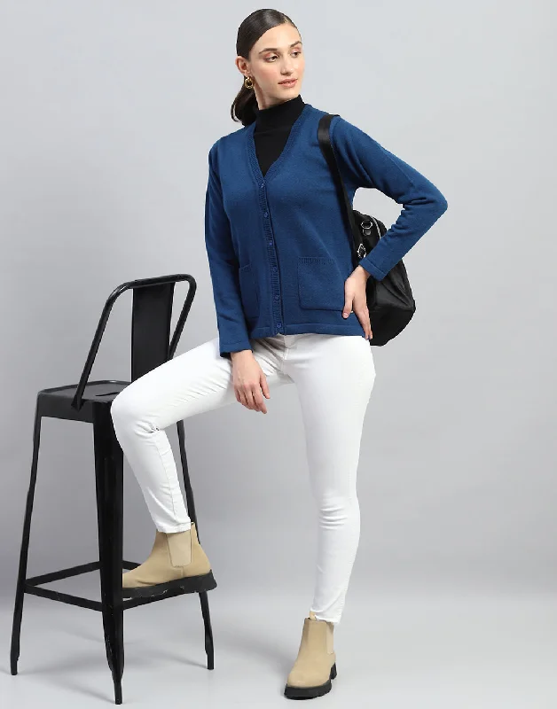 Limited - Time Bundle Women Blue Solid V Neck Full Sleeve Cardigan