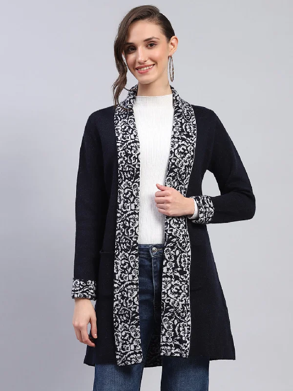 Sophisticated Style Women Navy Blue Printed Notch Lapel Collar Full Sleeve Cardigan