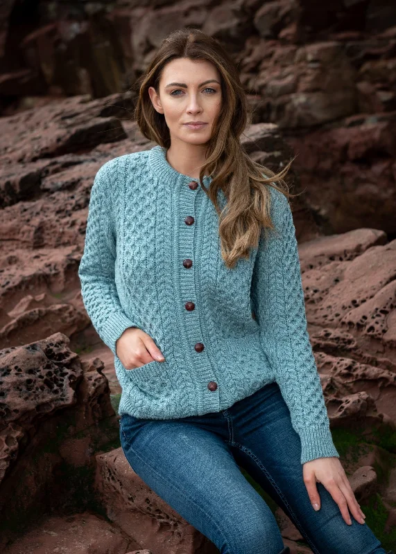 Runway Inspired Wear Aran Cable Knit Cardigan | Aqua