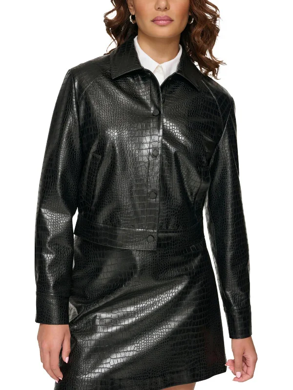 Seasonal Trend Petites Womens Faux Leather Textured Motorcycle Jacket