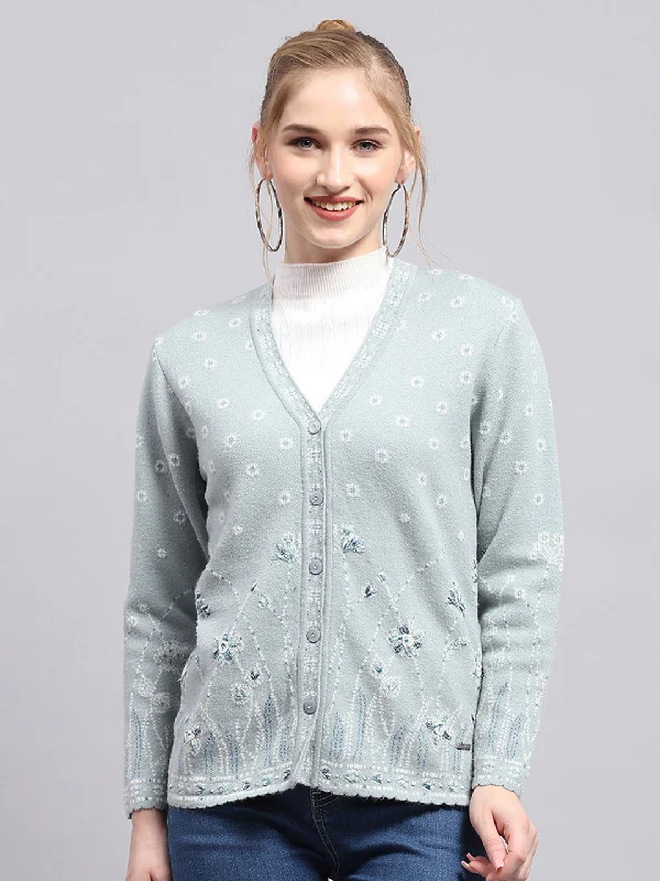 Bold Fashion Women Blue Embroidered V Neck Full Sleeve Cardigan