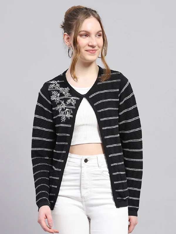 Style Redefined Women Black Stripe Round Neck Full Sleeve Cardigan