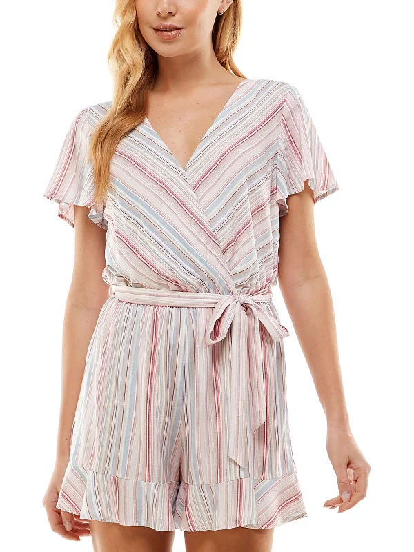 Vintage Elegance Juniors Womens Striped Faux Wrap Romper