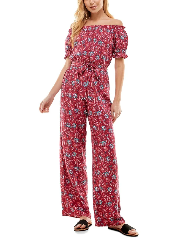 Chic Wardrobe Juniors Womens Floral Off-The-Shoulder Jumpsuit