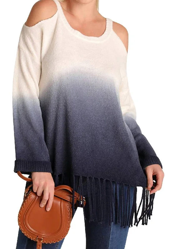 Mega Sales Ombre Cold Shoulder Fringe Sweater In Navy