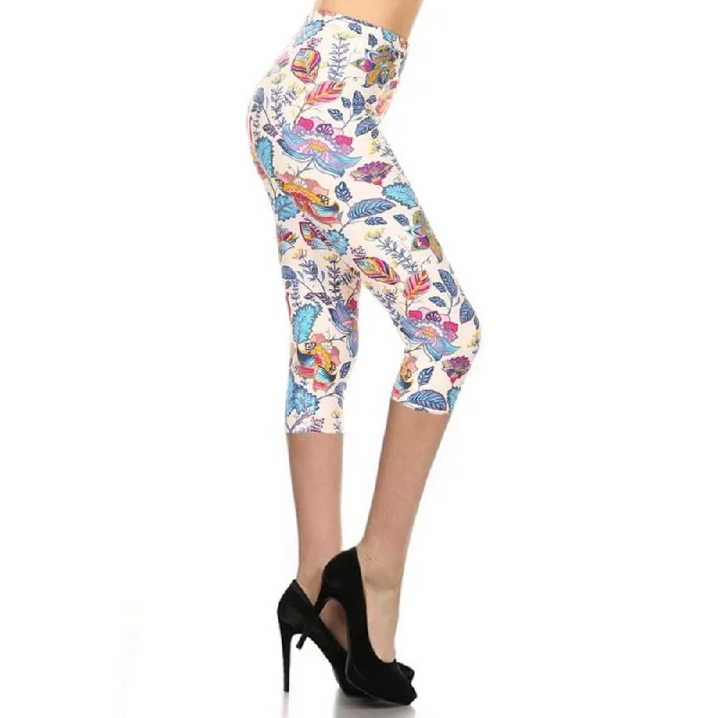 Relaxed Style FASHNZFAB Floral Printed Lined Knit Capri Legging With Elastic Waistband