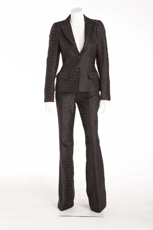 Evening Elegance Roberto Cavalli - 2PC Black Alligator Print Pant Suit with Blazer - IT 42