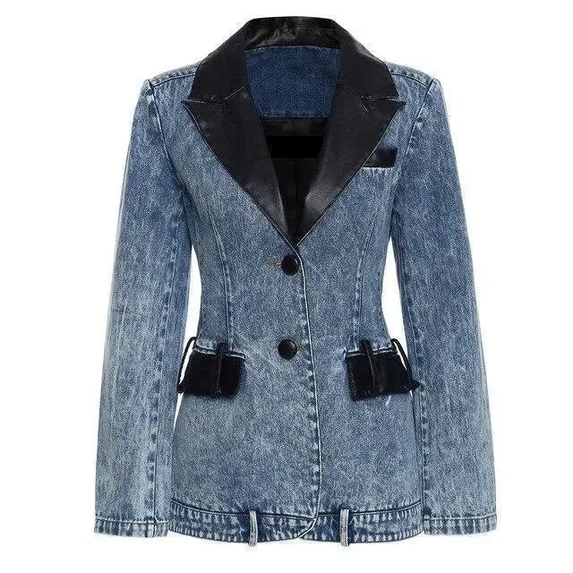 Fashion Forward Femininity Streetwear Leather Collar Denim Blazer Women - Casual - Plain-Solid