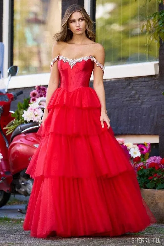 Dive Into Trendy Styles Sherri Hill 56147 - Off-Shoulder Basque Prom Gown