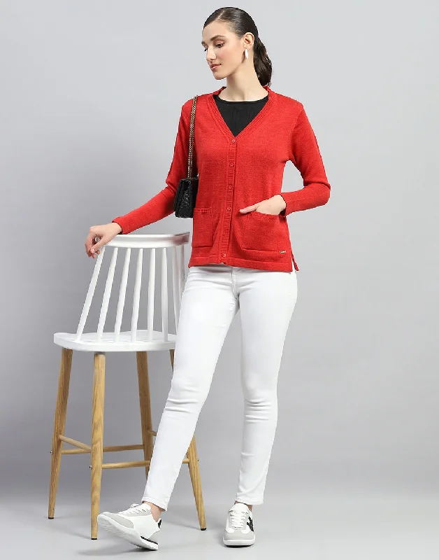 Great Deals On Ethnic Cultural Wear Women Red Solid V Neck Full Sleeve Cardigan