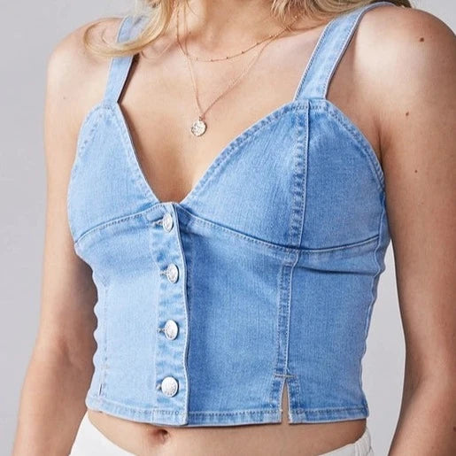 Flash Sale, Don't Miss Women's Button Down Cropped Denim Tank Top in Light Blue