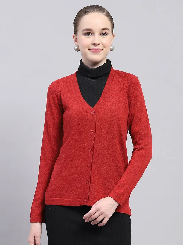 Trendsetting Threads Women Maroon Solid V Neck Full Sleeve Cardigan