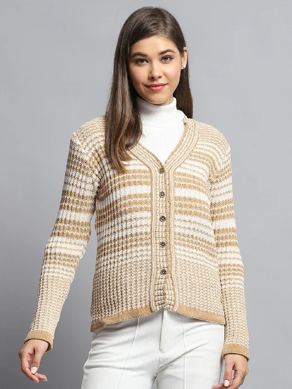 Style Versatile Women's Collection Women Beige Stripe V Neck Full Sleeve Cardigan