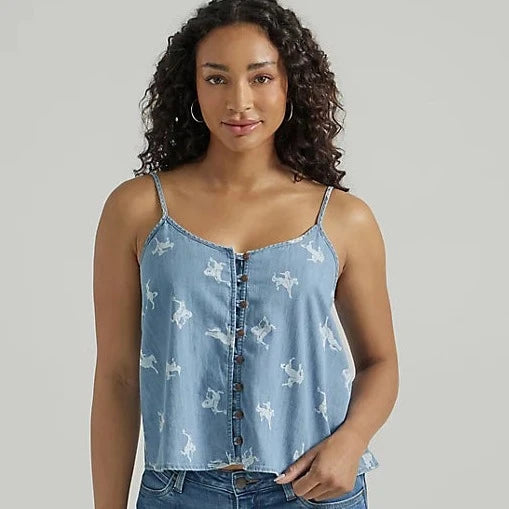 Limited Time Offer Wrangler Retro Women's Button Front Cowgirl Denim Cami in Chambray Blue