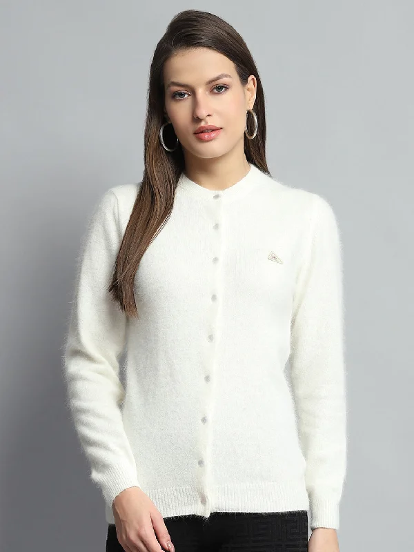 Chic & Cozy Collection Women Off White Solid Round Neck Full Sleeve Cardigan