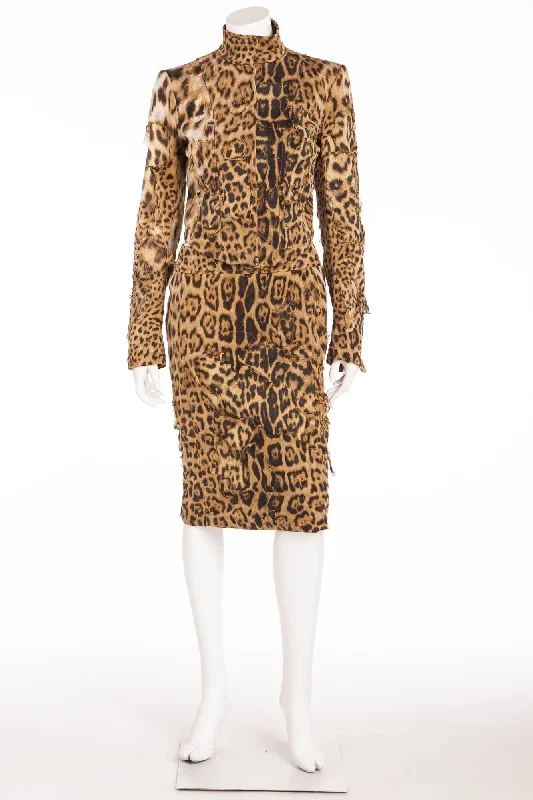 Bold Fashion Roberto Cavalli - As Seen on 2001 Runway Collection - 2PC Ripped Leopard Jacket + Pencil Skirt - S