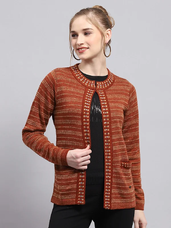 Casual Fashion Women Rust Stripe Round Neck Full Sleeve Cardigan