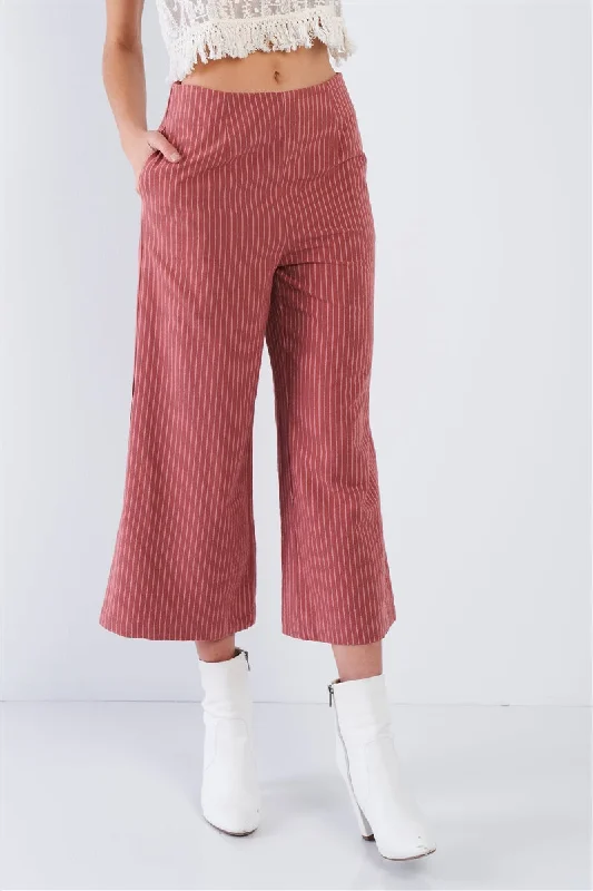 Free Spirited Fashion FASHNZFAB Dusty Rose Pink Cotton Pinstripe Gaucho Pants