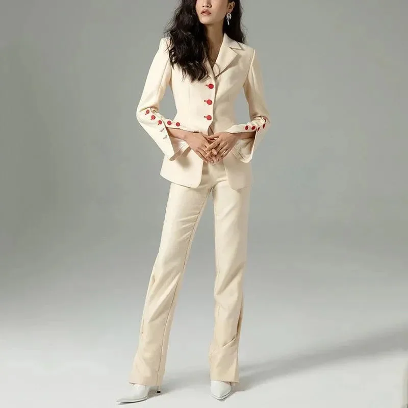 Relaxed Style Red Buttons Formal Business Pantsuit