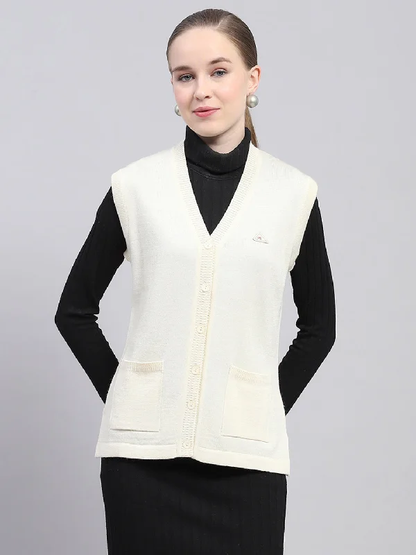 Ride The Style Wave Women Off White Solid V Neck Sleeveless Cardigan