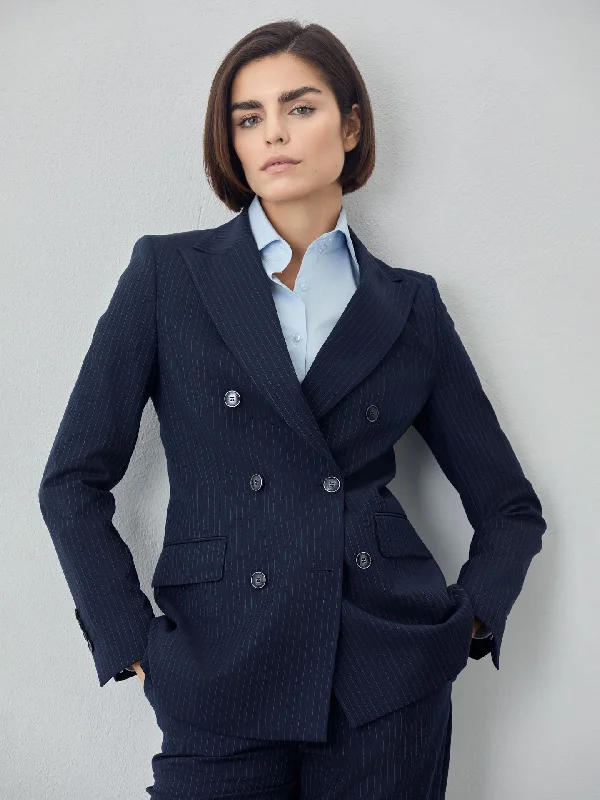 Chic Urban Fashion Look Double Breasted Dark Blue Pinstripes Suit In Wool Blend