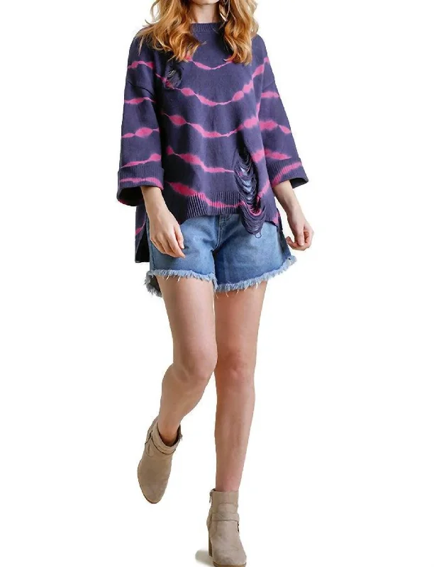 Best Sellers Distressed Tie Dye Sweater In Navy/fuchsia